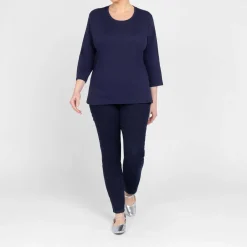 Online Beige Cotton 3/4 Sleeve T-Shirt Navy