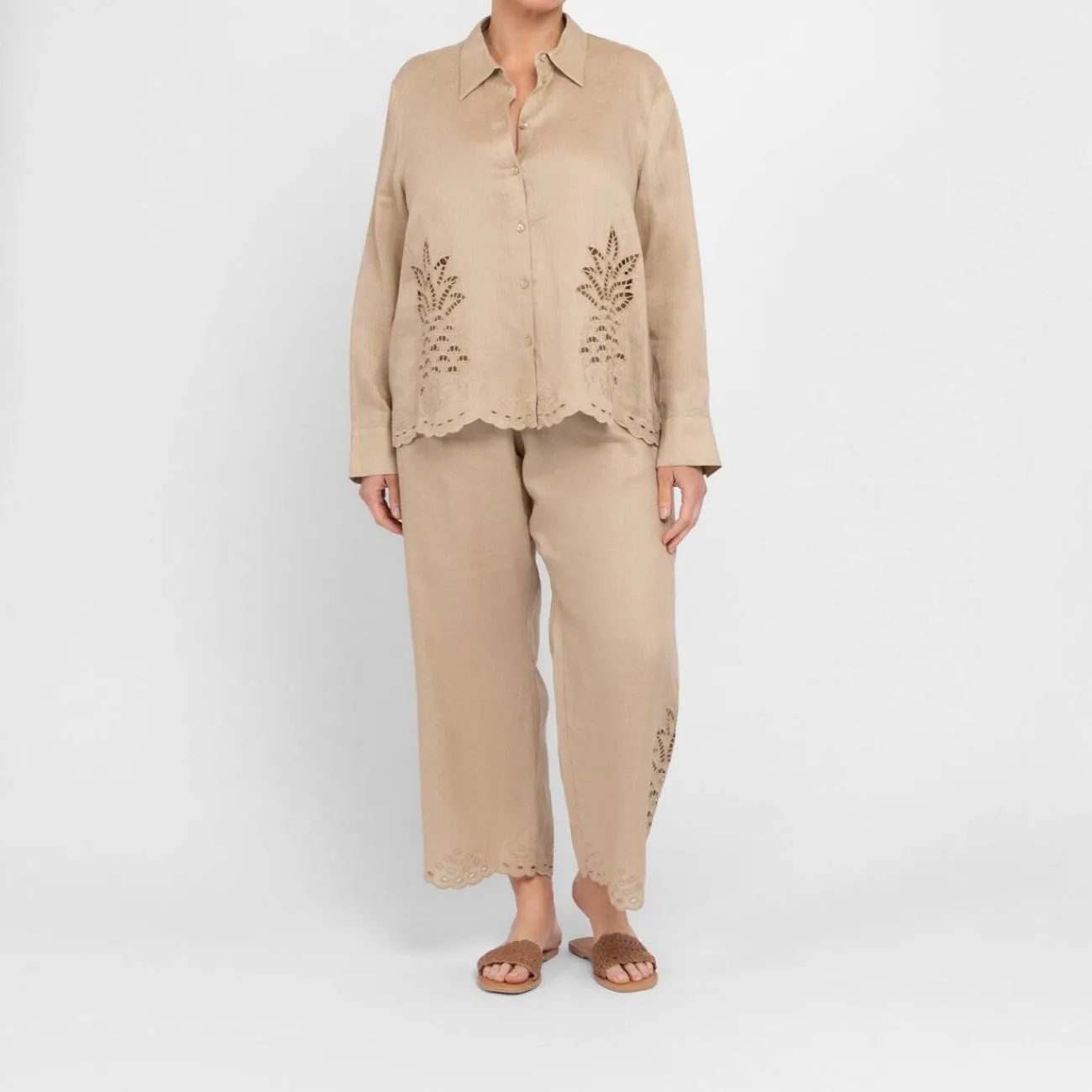 New Elena Miro Linen Embroidered Trousers Sand