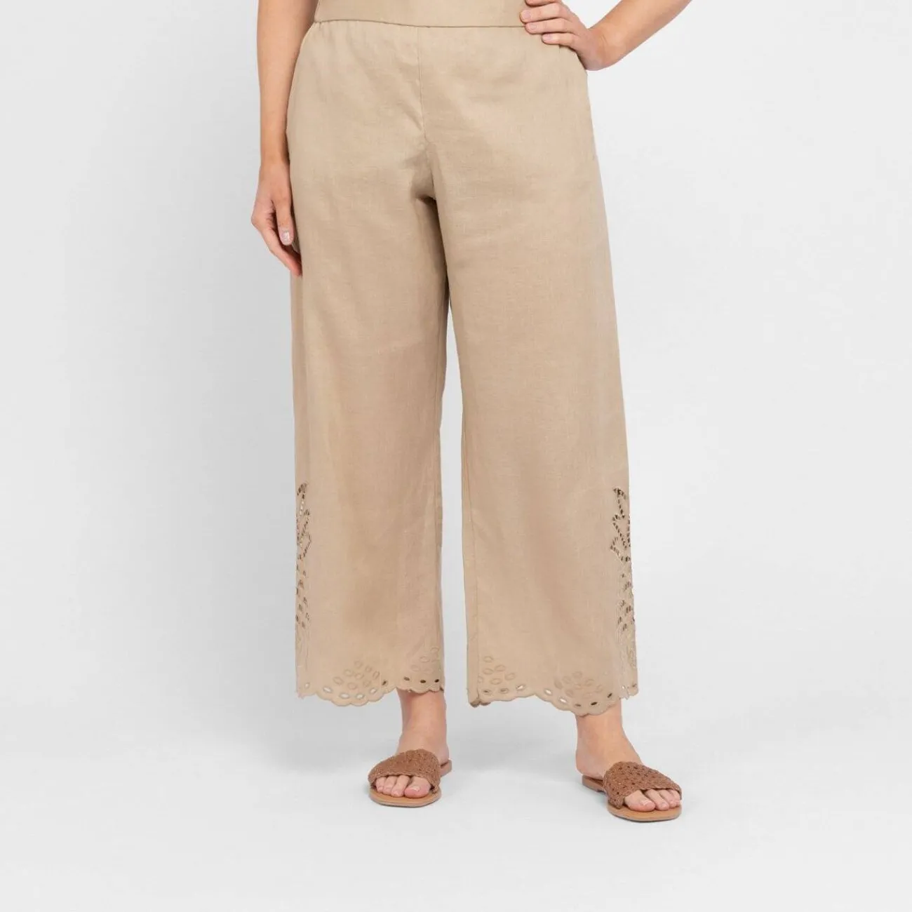 New Elena Miro Linen Embroidered Trousers Sand