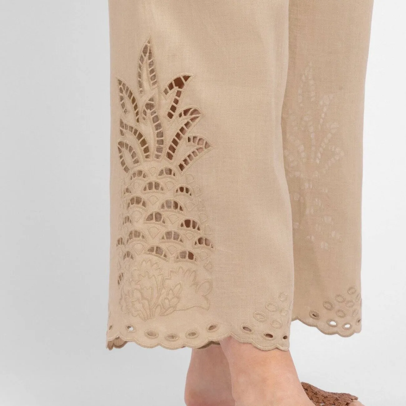 New Elena Miro Linen Embroidered Trousers Sand