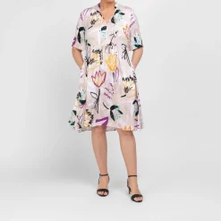 Hot Faber Satin Viscose Floral Dress Beige