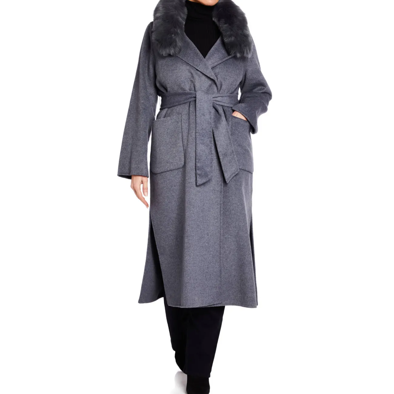 Discount Luisa Viola WRAP COAT FAUX-FUR TRIM GREY