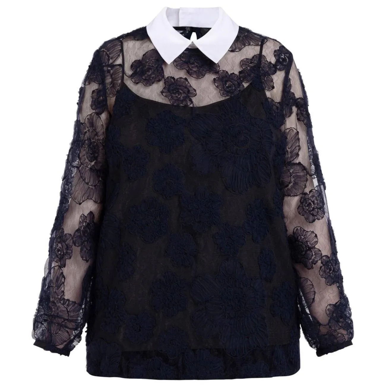 Sale Marina Rinaldi Embroidered Lace Collared Top
