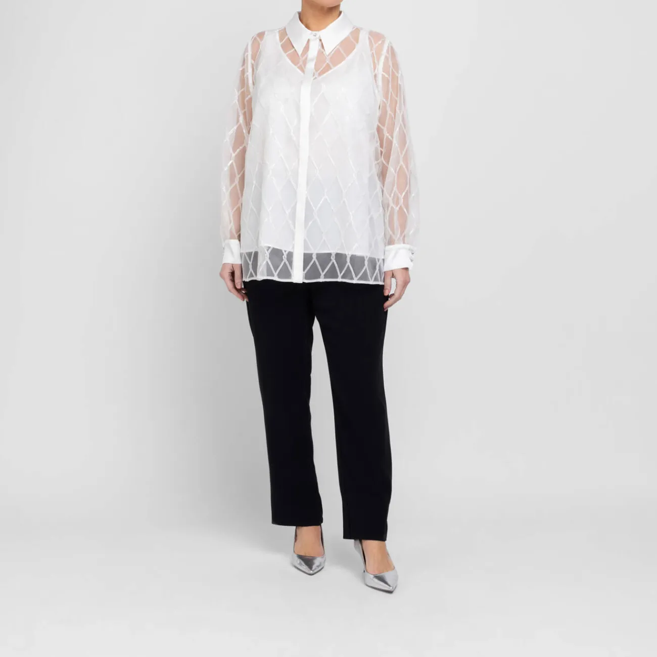 Sale Marina Rinaldi Elegante Marina Rinaldi Embroidered Organza Shirt White