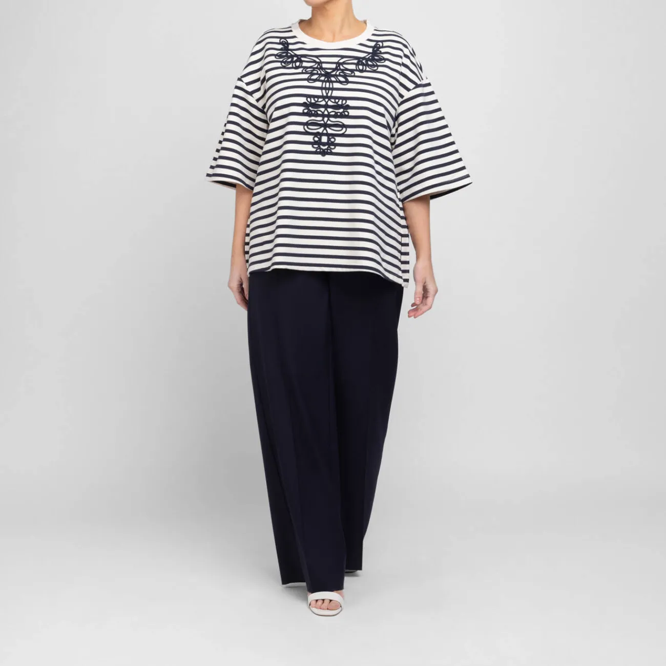 Fashion Marina Rinaldi Sport Marina Rinaldi Embroidered Jersey T-Shirt Navy Stripe