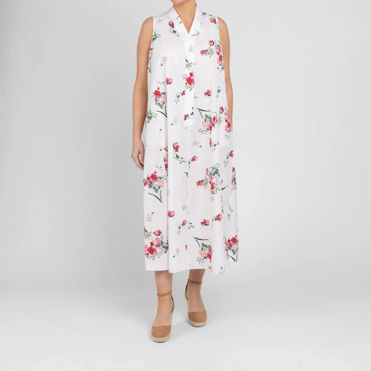 Discount Marina Rinaldi Floral Cotton Poplin Dress with Optional Sleeve White