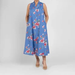 Fashion Marina Rinaldi Floral Cotton Poplin Dress with Optional Sleeve Blue