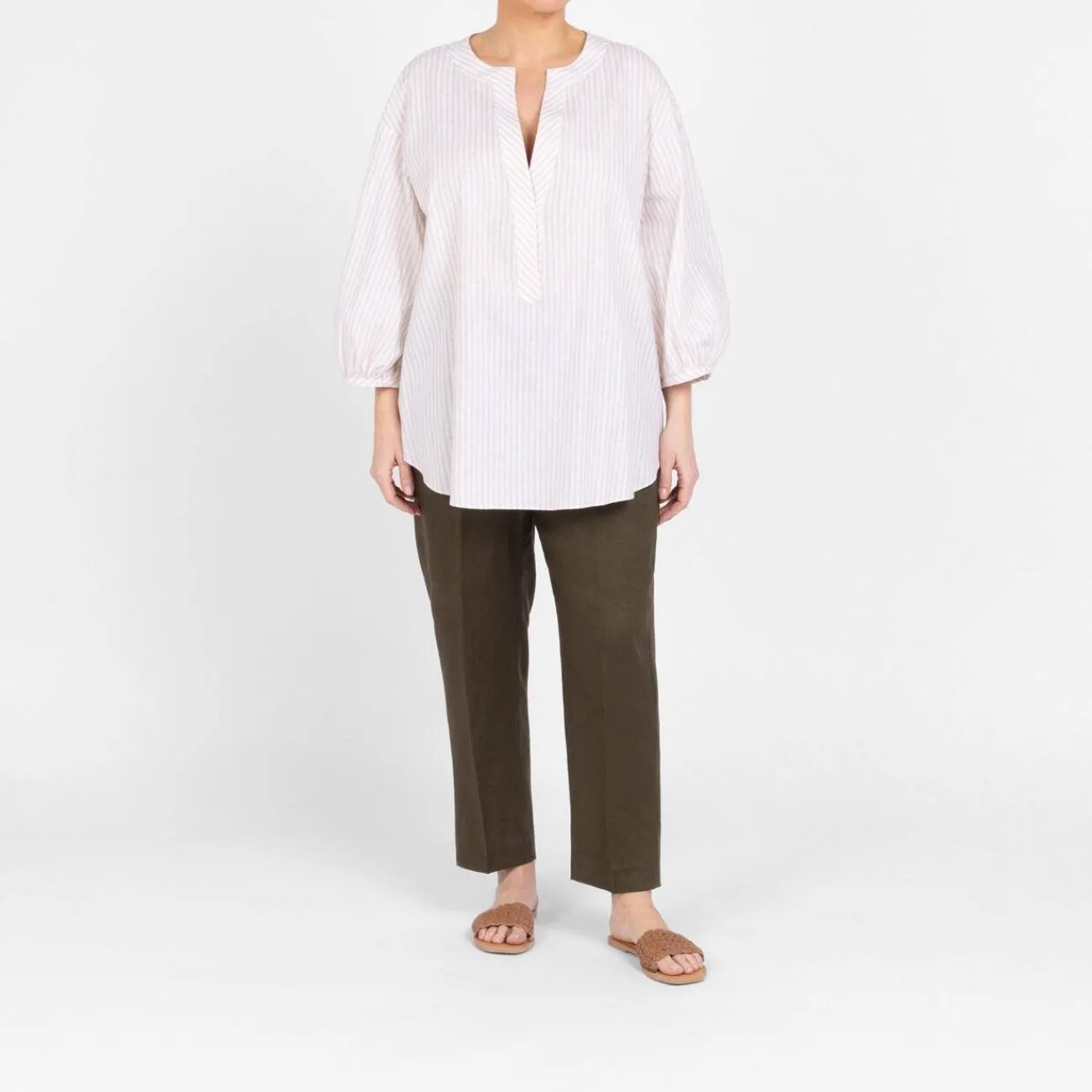 Fashion Marina Rinaldi Linen Cigarette Trousers Khaki Green
