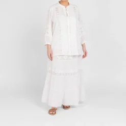 Online Marina Rinaldi Long Flounced Cotton Skirt Ivory