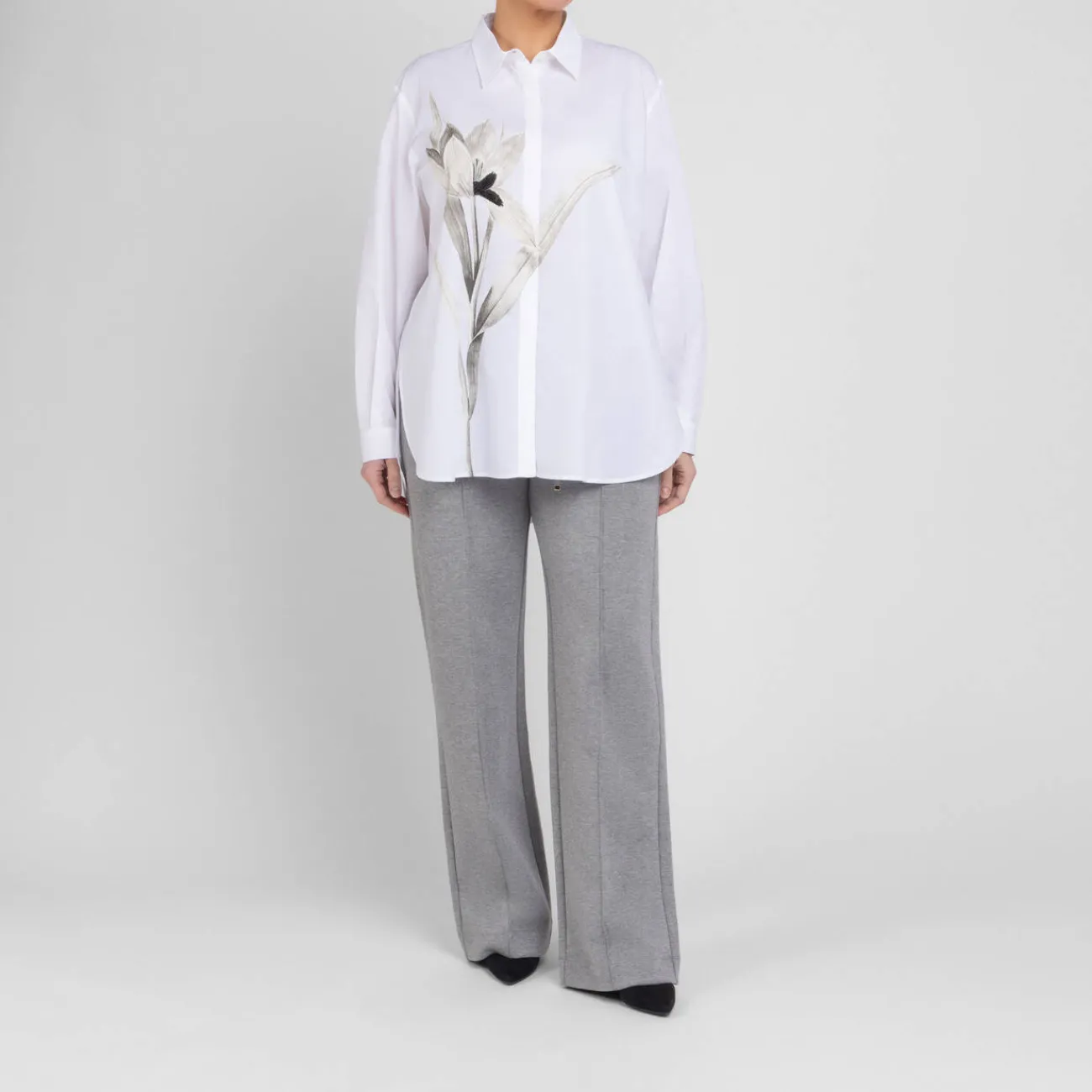 Fashion Marina Rinaldi Sport Marina Rinaldi Oversized Embroidered Cotton Shirt White