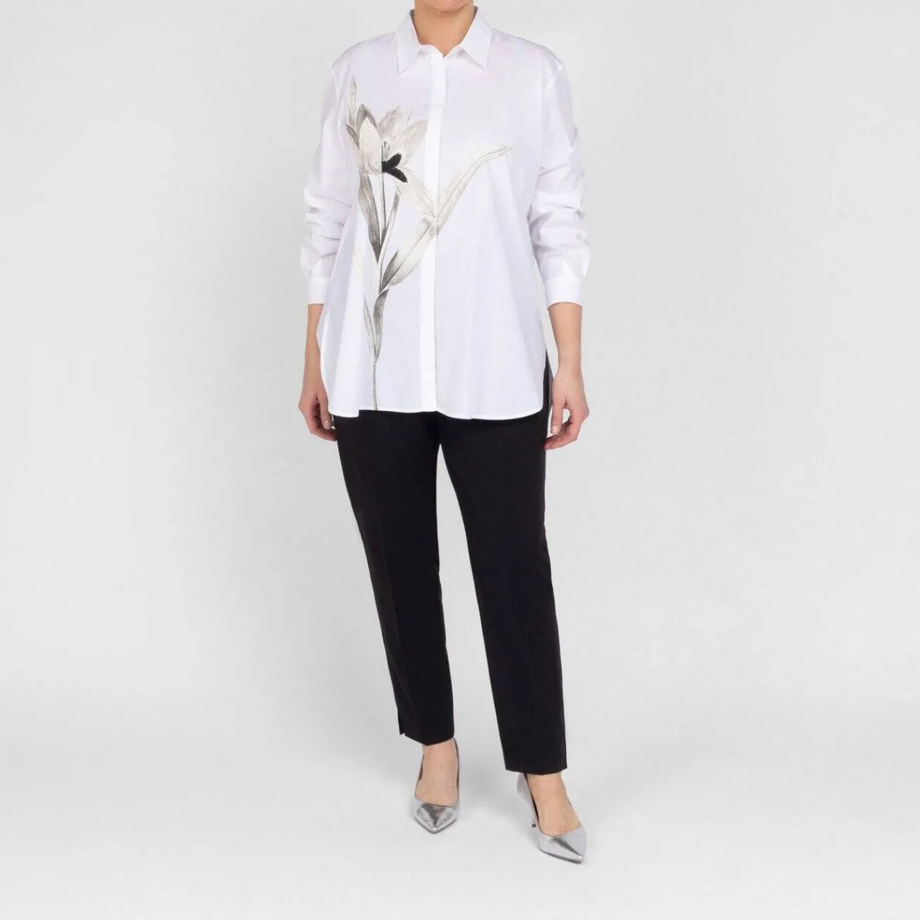Fashion Marina Rinaldi Sport Marina Rinaldi Oversized Embroidered Cotton Shirt White