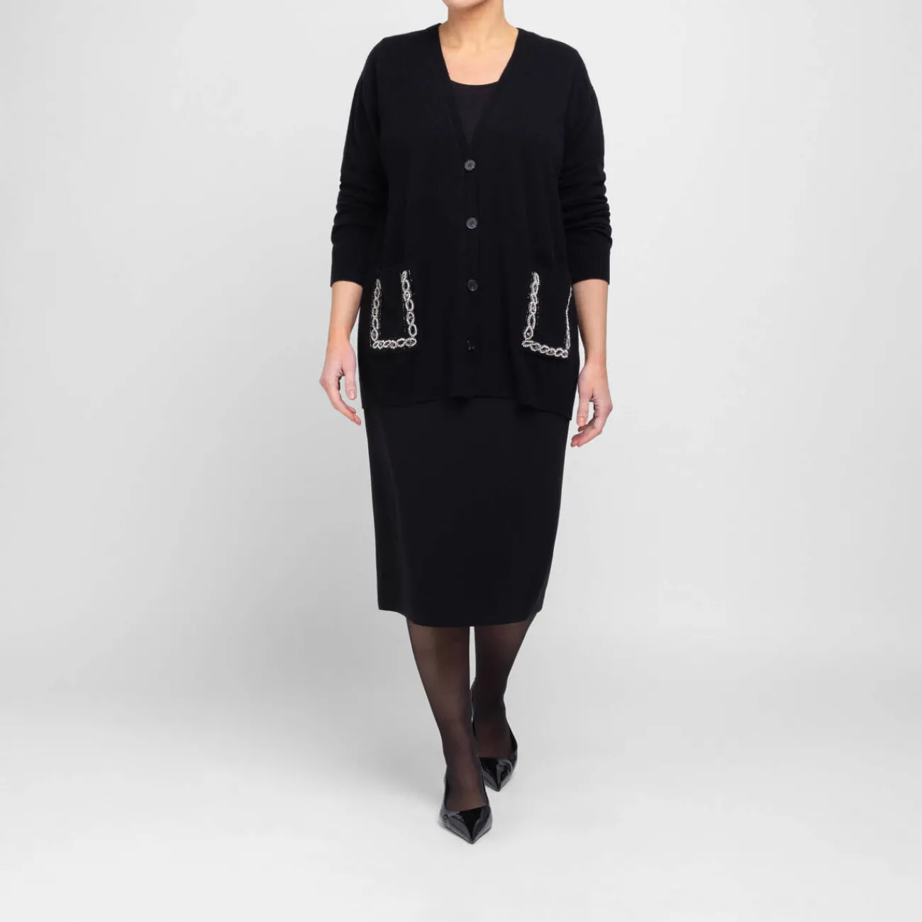 Fashion Marina Rinaldi Wool and Cashmere Cardigan Rhinestone Black