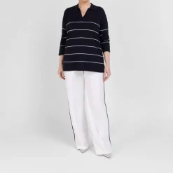 Sale Persona by Marina Rinaldi Collared Striped Sweater Navy