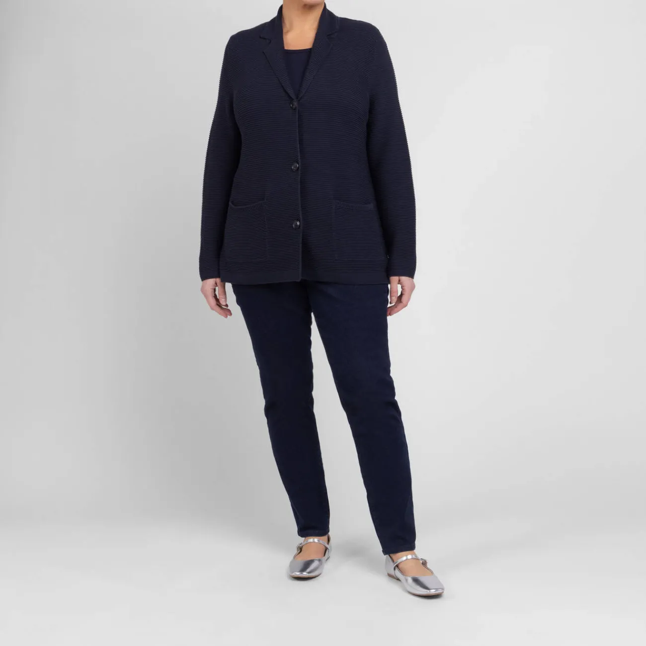 Fashion Persona by Marina Rinaldi Ribbed Cotton Cardigan Navy