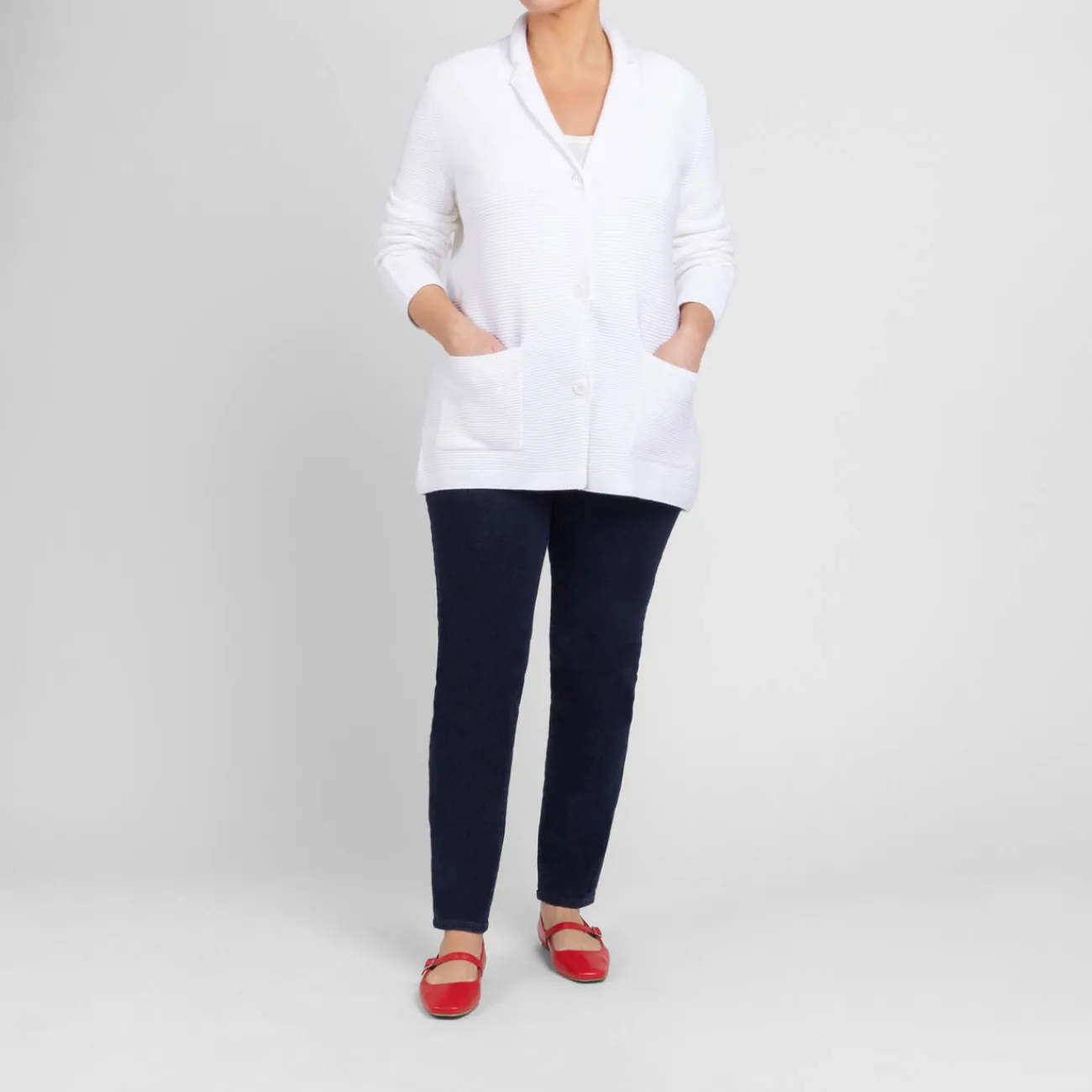 Online Persona by Marina Rinaldi Ribbed Cotton Cardigan White