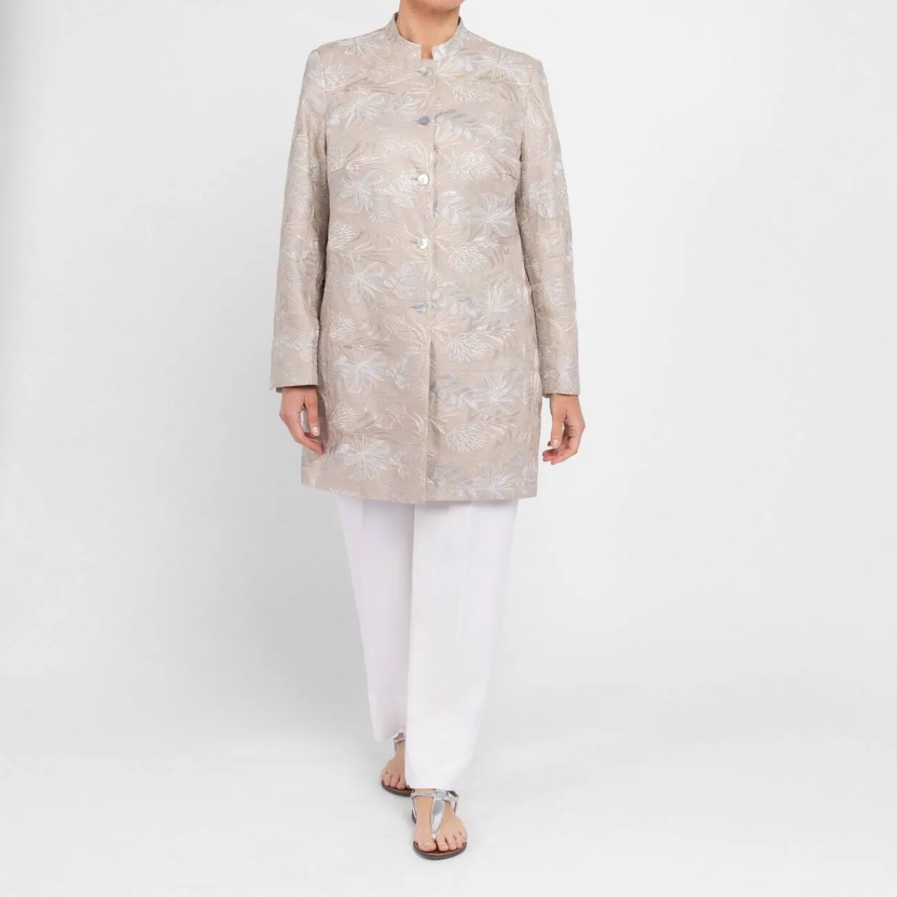 Outlet Rof Amo Rofa Long Embroidered Linen Jacket Beige
