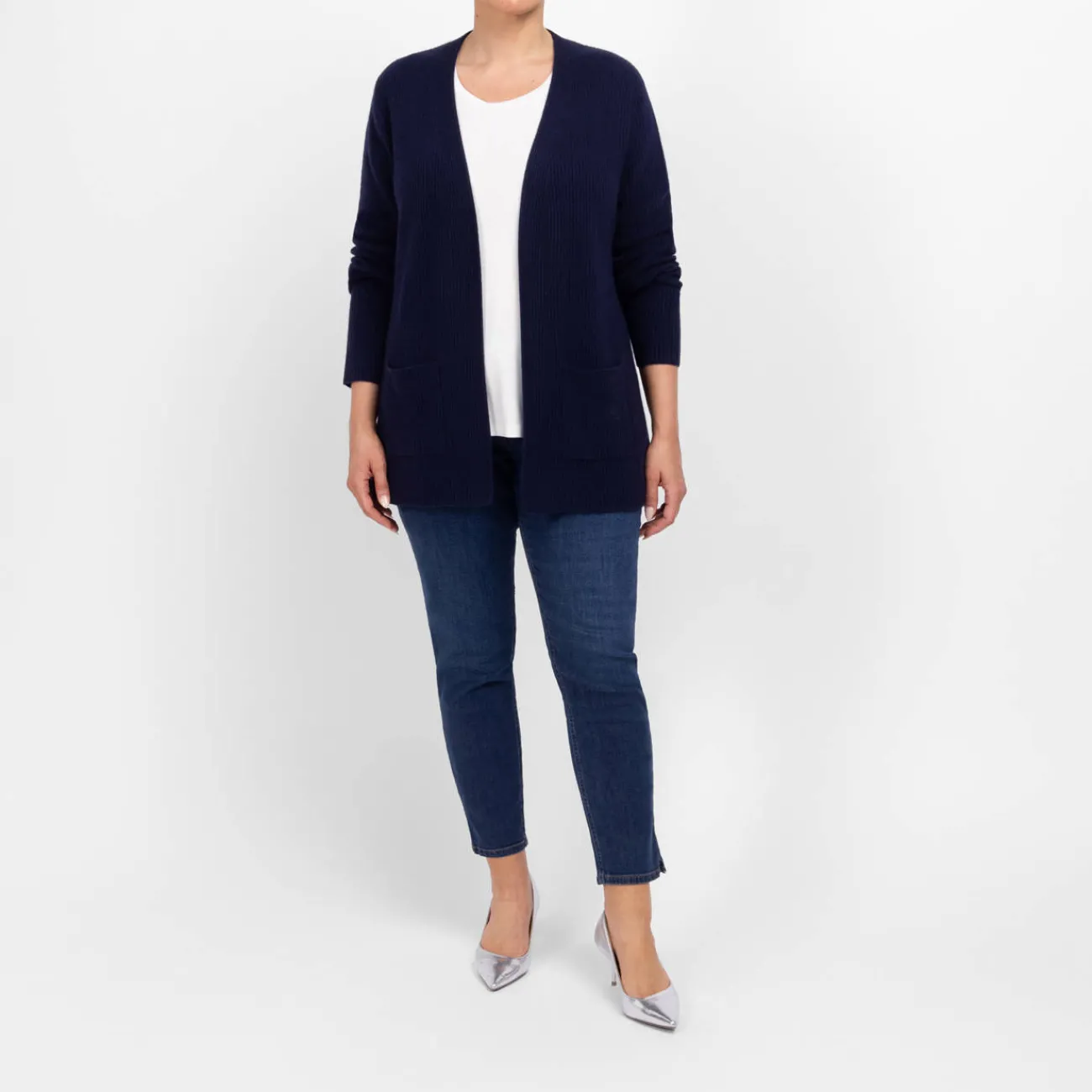 New Sandra Portelli Pure Cashmere Ribbed Cardigan Navy