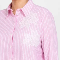 Clearance Spanish Shirt Company Tinta & Bariloche Linen Blend Candy Stripe Shirt Pink