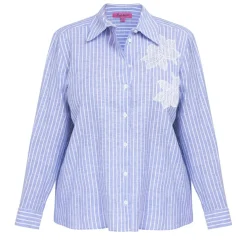 Best Spanish Shirt Company Tinta & Bariloche Striped Embroidered Cotton Linen Shirt Blue