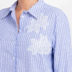 Best Spanish Shirt Company Tinta & Bariloche Striped Embroidered Cotton Linen Shirt Blue