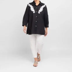 Outlet Verpass Linen Shirt with Yoke Embroidery Black
