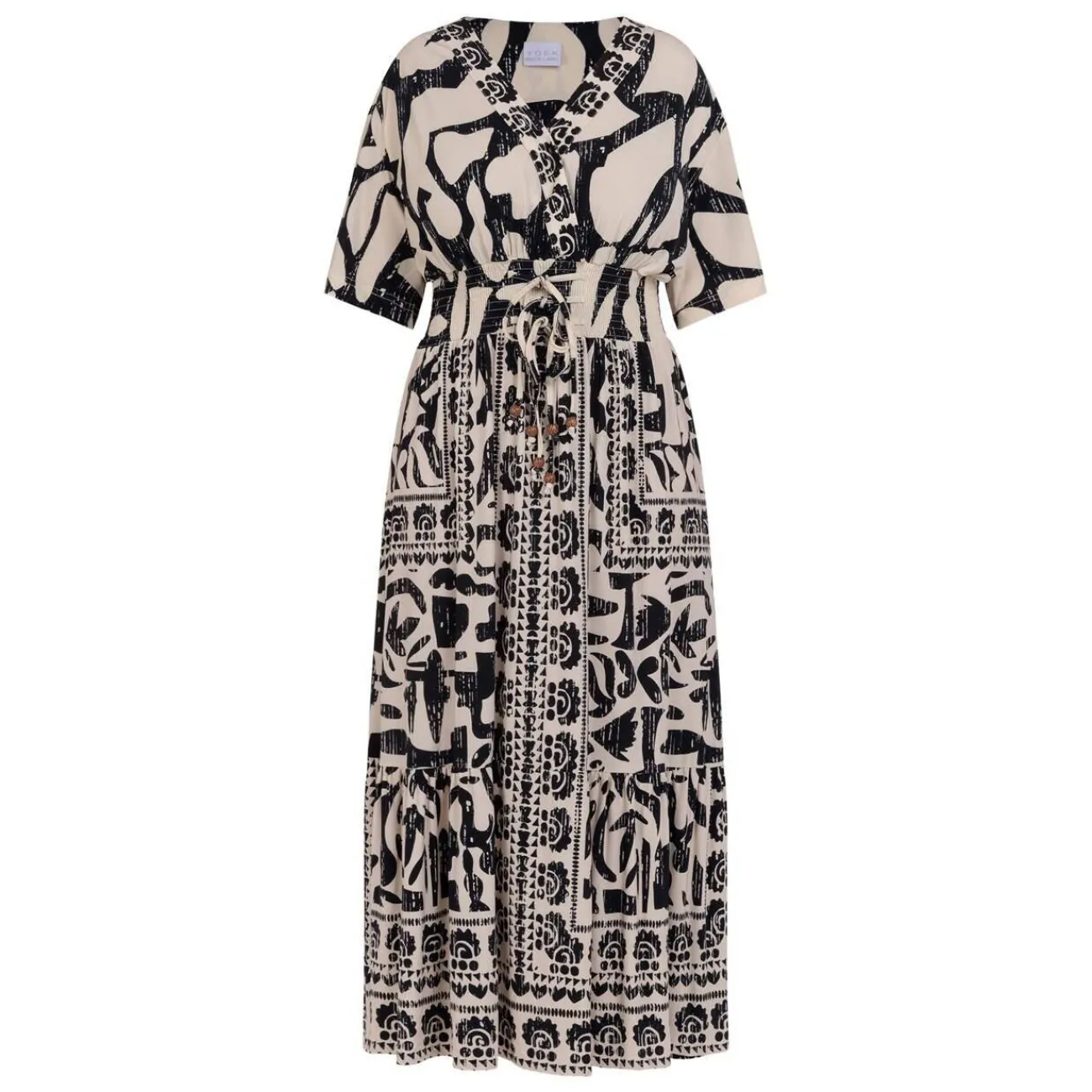 Online Yoek Ethnic Print Dress Black and Cream