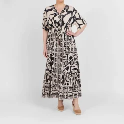 Online Yoek Ethnic Print Dress Black and Cream