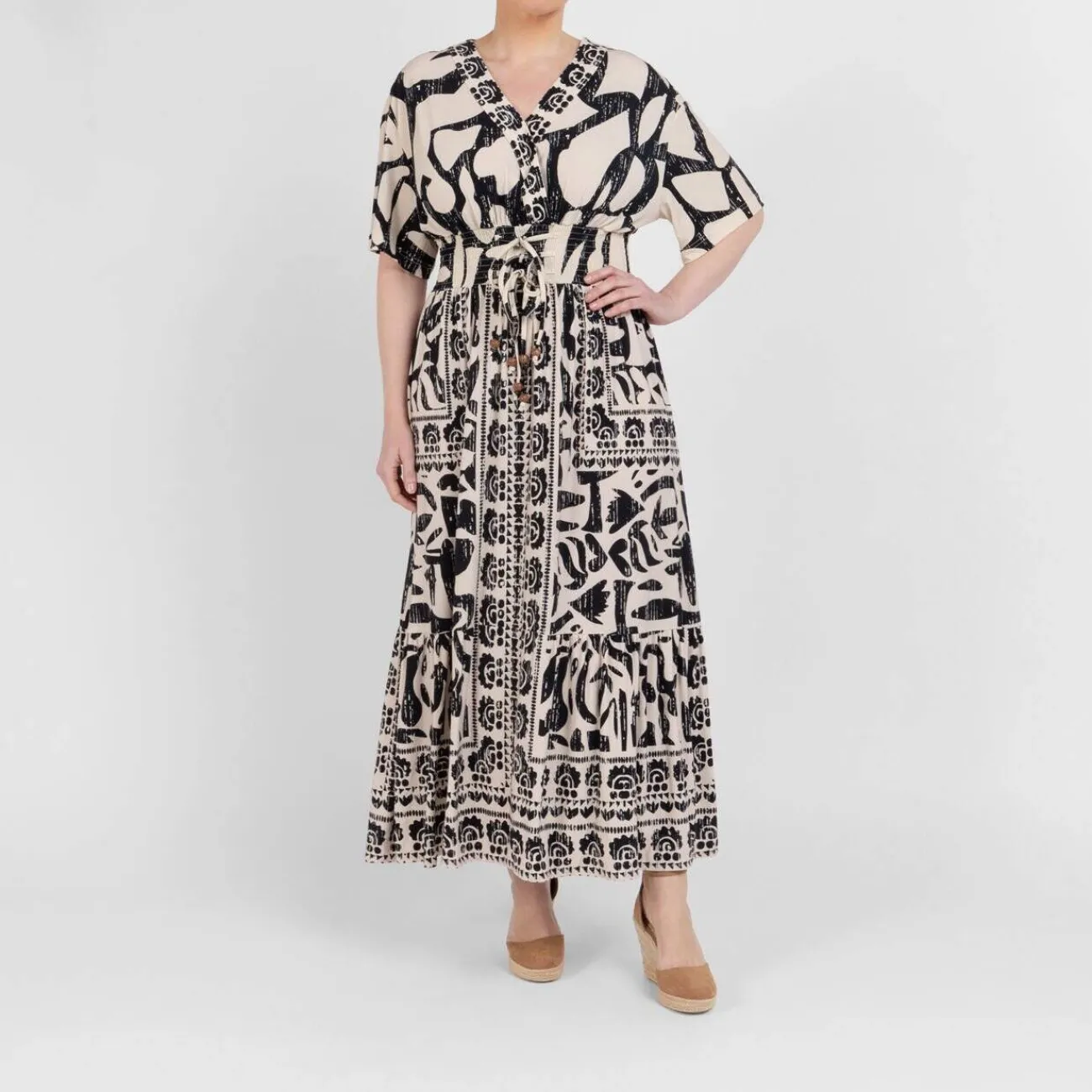 Online Yoek Ethnic Print Dress Black and Cream