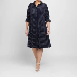 Clearance Yoek Stretch Jersey Pinstripe Dress Navy